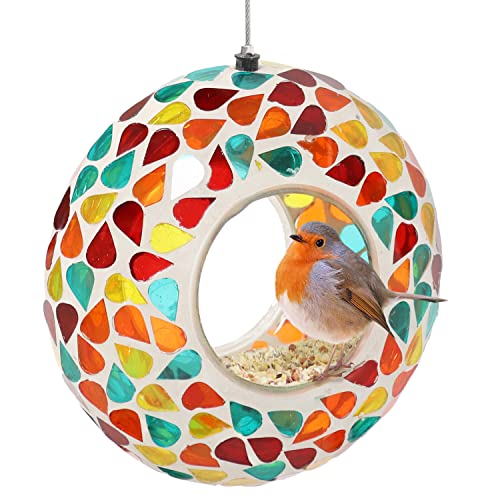 Sunnydaze 6-Inch Glass Mosaic Hanging Bird Feeder for Outdoors – Fly-Through Wild Bird Feeder – Confetti Mosaic