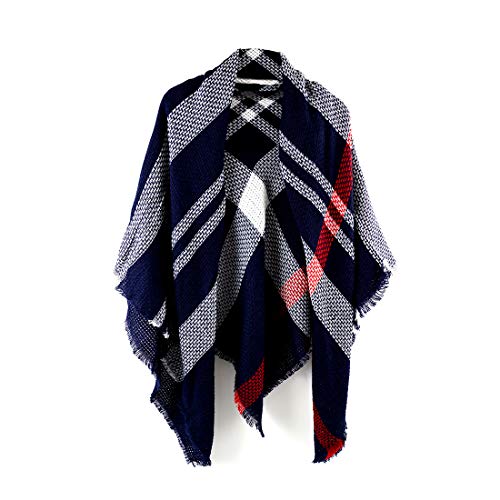 Women's Cozy Tartan Scarf Wrap Shawl Neck Stole Warm Plaid Checked Pashmina (Blue Red)