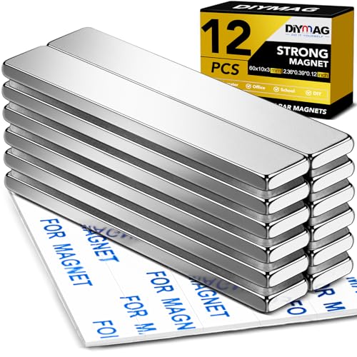 DIYMAG Strong Neodymium bar Magnets with Double-Sided Adhesive, Rare Earth Neodymium Magnet - 60 x 10 x 3 mm, Pack of 12