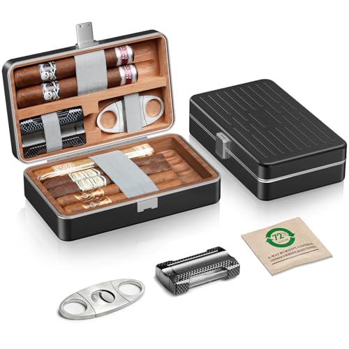 Travel Humidor Cigar Case for 7 Cigars - Aluminum & Spanish Cedar Cigar Humidor Box with 72% Humidity Pack, 3 in 1 Cigar Lighter, Guillotine Cigar Cutter, Cedar Insert, Gift for Cigar Aficionado