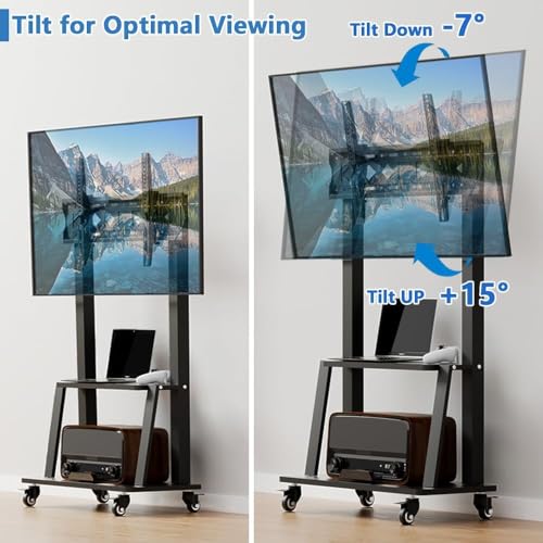 Image of Mobile TV Cart with Power Outlet, Rolling TV Stand on Wheels for 32-75 inch Television, Mobile TV Stand Height Adjustable,15 Adjustable Viewing Angle,Max 130LBS, Vesa max 600x400