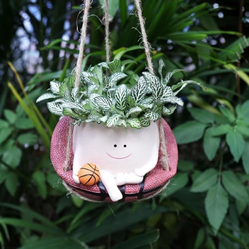 Image of Hanging Swing Face Planter | Cute Resin Pot with Basketball Design | Indoor Outdoor Decorative Basket Planter for Balcony, Garden, Home, Office | No Plants or Floral Included