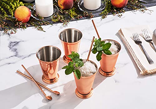 Sol Living Mint Julep Cups Gift Set Of 4, 12 Oz. Copper Cups With 4 Drinking Straws Kentucky Derby Cups Premium Stainless Steel Inner Handcrafted Barware Set For Cocktails Mixed Drinks #TOP3