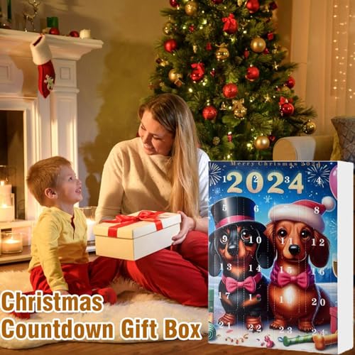 Weihnachtsbaum Dackel Anhänger Adventskalender 2024, 24-Tage-Weihnachts-Countdown-Kalender Dackel Anhängerbox Für Erwachsene, Kinder, 2D Acryl Dackel Hängeanhänger, Weihnachtsbaumschmuck