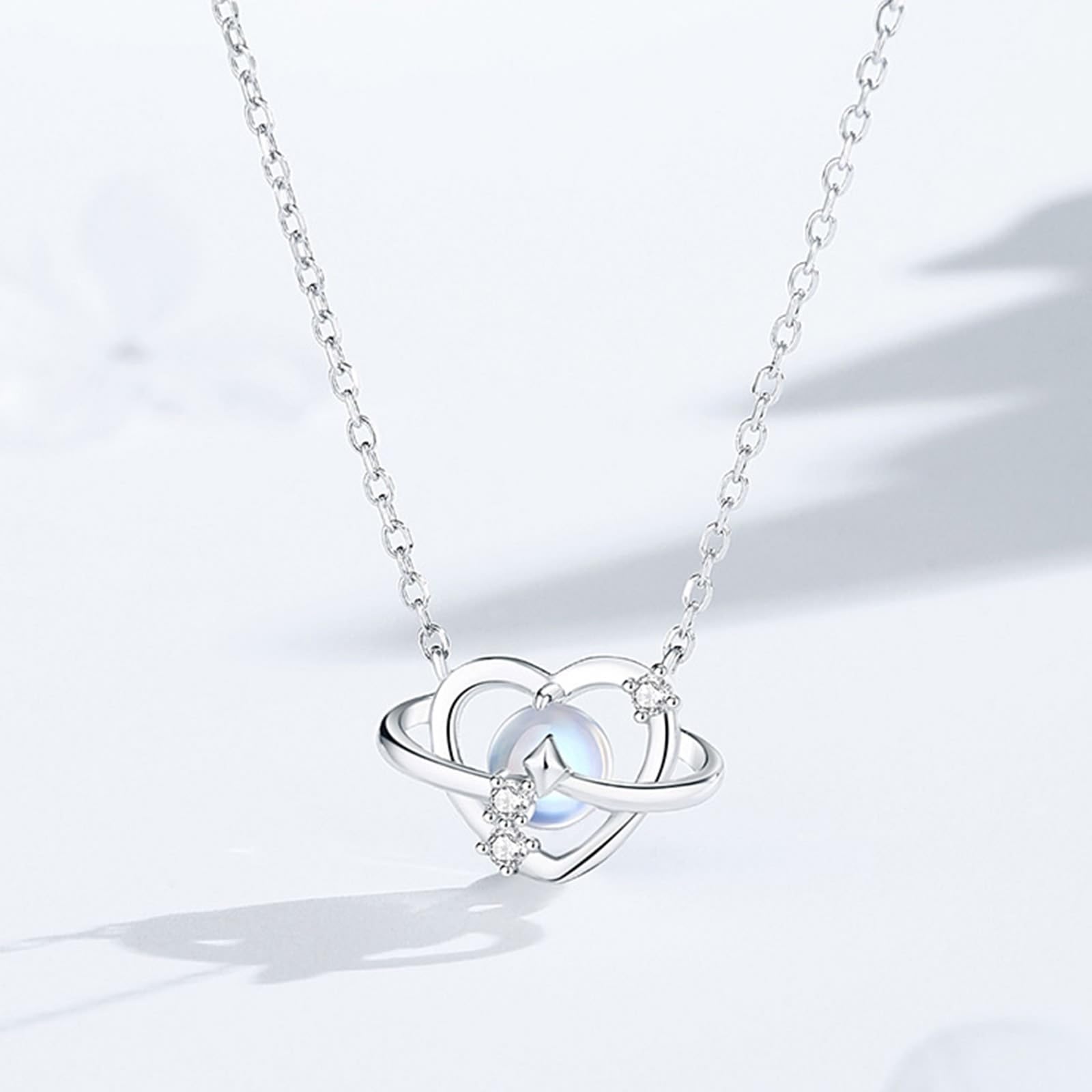 Collana in oro bianco 9 K 375 con pietra di luna, ciondolo a forma di cuore, pianeta e stella, 45 cm