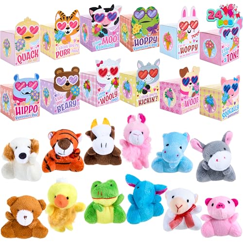 JOYIN 24 Pcs Valentine's Day Plush Toys with Boxes, Mini Stuffed Toys & Cardstock Boxes with 12 Designs, Valentines Day Kids Boys Girls Gift Classroom Prize Goodie Bag Stuffers Party Favor