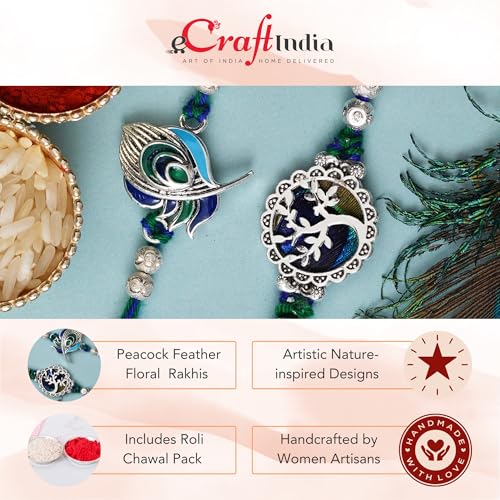 Image of eCraftIndia Unisex Adult Set Of 2 Peacock Feather And Floral Designer Rakhis For Brothers With Roli Chawal
