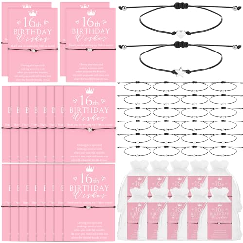 Misdary 25 Set Sweet 16th Birthday Wish Party Favors for Guests Include Adjustable Heart Charm Star Bracelets Gift with Thank You Wish Cards for Birthday Souvenirs Party Supplies Decor