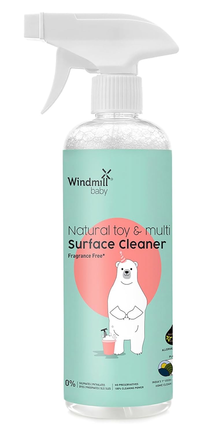 Windmill baby Natural Multi Surface Cleaner Spray, USDA Certified, Fragrance Free, Fumes Free, for toys, feeding chairs, mats, cribs, windows & more - 450ml