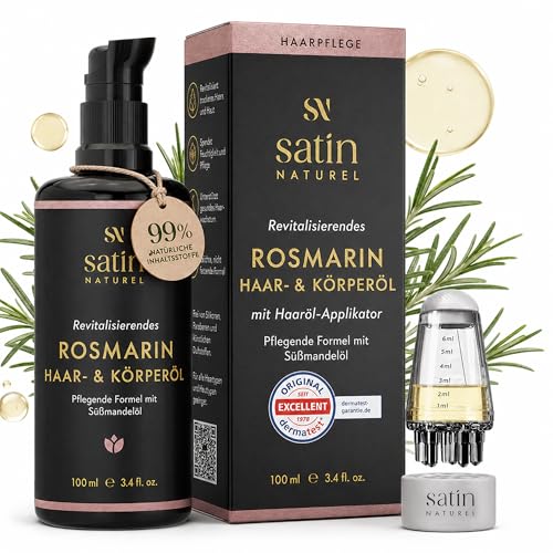 Satin Naturel Bio Rosmarinöl Haare mit Mandelöl [100ml] Fördert Haarwachstum & Verlangsamt Haarausfall - Rosmarin Haaröl mit Applikator Haarausfall-Serum für Männer und Frauen - Rosemary Hair Oil
