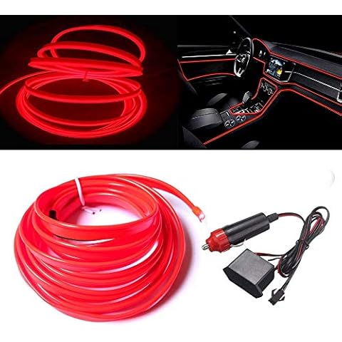 Balabaxer El Wire Red Interior Car LED Strip Lights , 3m neon Wire 12V with Fuse Protection for Automotive Car Interior Decoration with 6mm Sewing Edge Cover