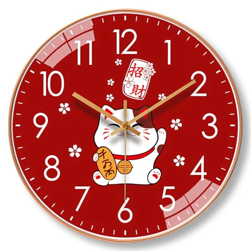 12インチの 壁掛け時計、赤と可愛い招き猫のデザイン、ローズゴールドのフレーム、静音ムーブメント、30CMの文字盤、モダンミニマルスタイル