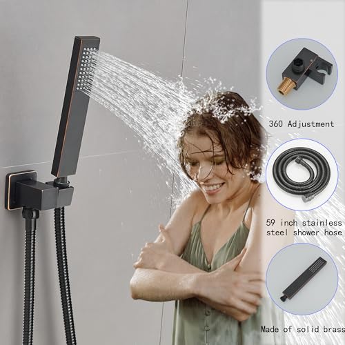 Image of Oil Rubbed Bronze Shower System, 8 Inch High Pressure Rain Shower with Handheld, Wall Mount Shower Faucet Set for Bathroom, Rough-in Valve Body and Trim Included