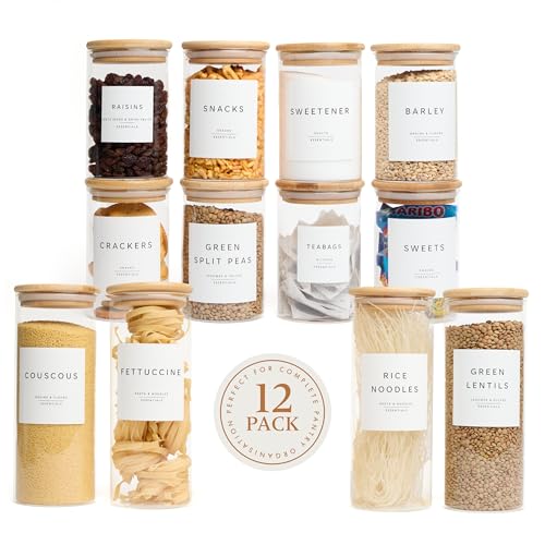 Livabl Glass Storage Containers with Lids – Set of 12 (8 x 600ml & 4 x 1000ml) Glass Jars with Bamboo Lids & 420 Pre-Printed Pantry Labels – Kitchen Storage Containers for Organising Pantry Essentials