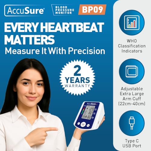 Image of AccuSure BP09 Digital Blood Pressure Monitor - Automatic Upper Arm BP Machine for Home Use, Large Display, WHO Indicator, Dual User Memory, Adjustable Cuff (22-40 cm), USB Type-C & Battery Powered | 2 Year Warrenty-blue