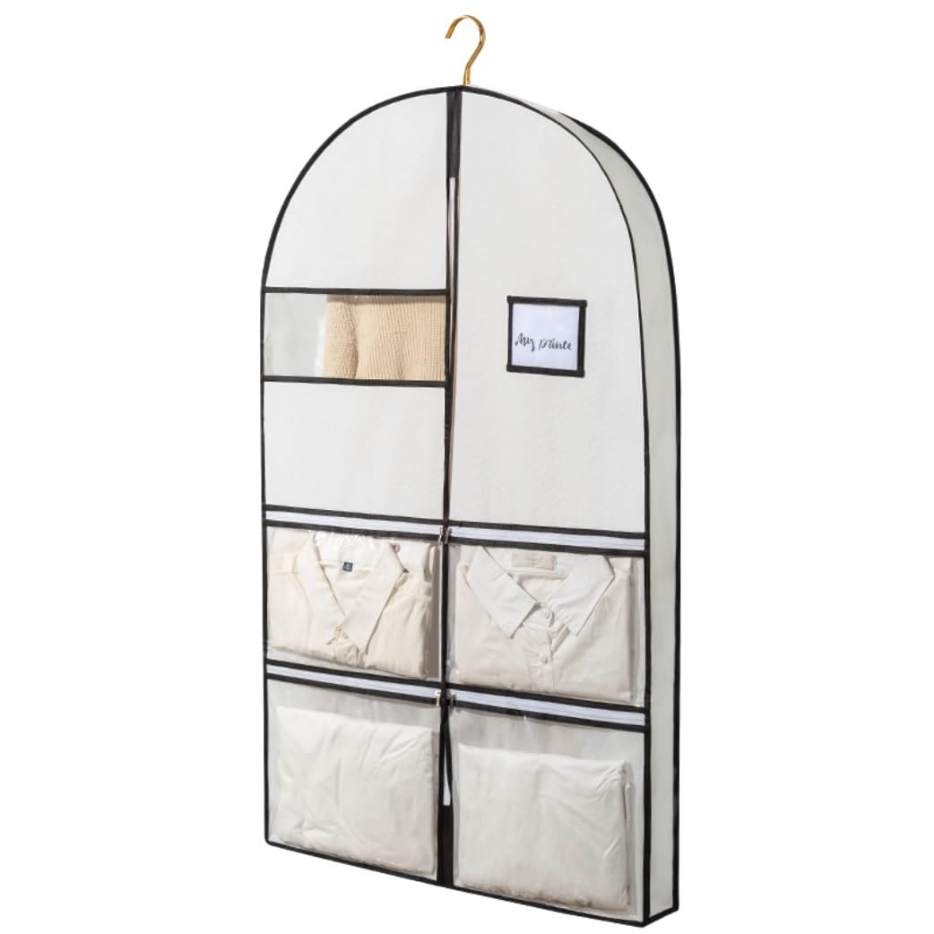 Fundas de Ropa, Paquete De 5 Portatrajes Con Fuelle De 3,9" Para Portatrajes De Viaje Con 4 Bolsillos, Bolsa Plegable Para Traje Con Ventana Transparente Protector de Ropa Organizador de Ropa(K,60*10*