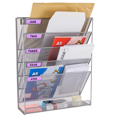 ABN Finest Wall Mounted Magazine Rack Hanging File Document Holder Organiser for Letter, Literature Display, A4 Paper, Newspaper, Books - Metal Mesh 6-Tier Silver