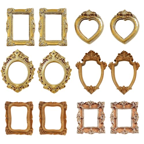 YEJAHY Lot de 12 mini cadres photo vintage en résine - Cadre miniature doré baroque - Petit cadre pour bricolage - Accessoires photo - Sans verre