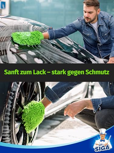 MR.SIGA Hochwertig Mikrofaser Waschhandschuh Weiche Chenille Autowaschhandschuh, 2 Stück, Grau & Grün, 2er Pack