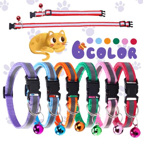 JEYORZY 6-Pack Personalisiertes Katzenhalsband, Katzenhalsbänder Quick Release Reflective Kitten Halsband mit Glocke, Katzenhalsband Anti-Strangulation, für Katzen oder Kätzchen