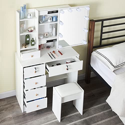 Jblcc Vanity Table Set With Sliding Lighted Mirror,Makeup Vanity Table With 5 Drawers, Storage Shelf,Stool,For Bedroom #TOP1