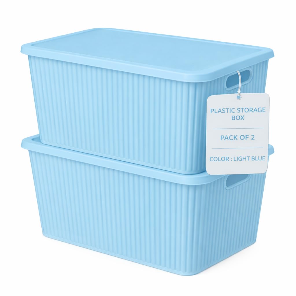 HOMENU Plastic Storage Box with Lid – Large Stackable Organizer Storage Box for Clothes, Toys, Kitchen – Big Size Plastic Storage Container Basket for Home, Office, Bathroom(Large,Pack of 2,Blue)