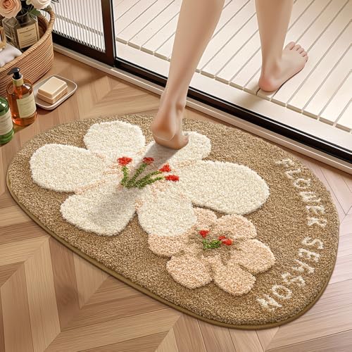 Image of Cute Flower Bath Mat, Ultra Soft Absorbent Bathroom Shower Rug with Non-Slip TPR Backing, Washable Decorative Floor Mat for Bathtub Shower Bedroom Living Room 23.6 inch x 31.5 inch