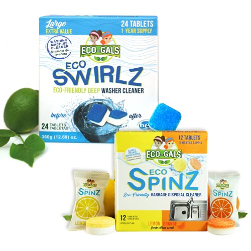 Eco-Gals Eco Swirlz Washing Machine Cleaner For Top and Front Load Washers 1 box of 24 Tablets With Eco Spinz Disposal Cleaner & Odor Eliminator in Dual Scents 1 Box of 6 orange and 6 Lemon