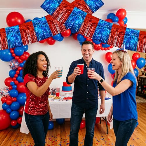 Image of BEISHIDA 3 Pack Red Blue Foil Fringe Garland 30ft Wall Tinsel Banner