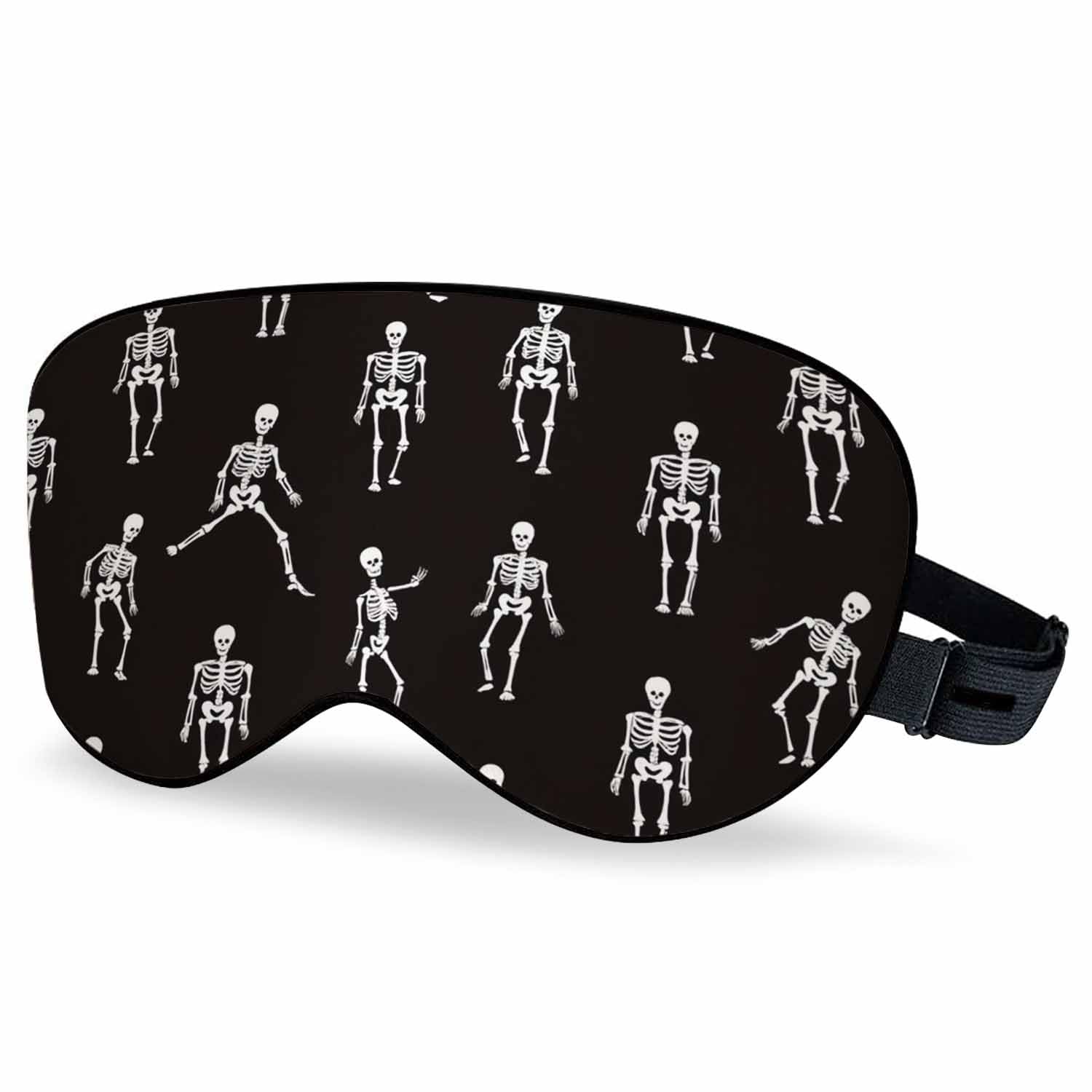 VNWOALU Silk Dancing Skeletons Sleep Eye Mask with Adjustable Strap for Men, Women - White/Black Skull - Day of Dead - Travel, Nap, Meditation
