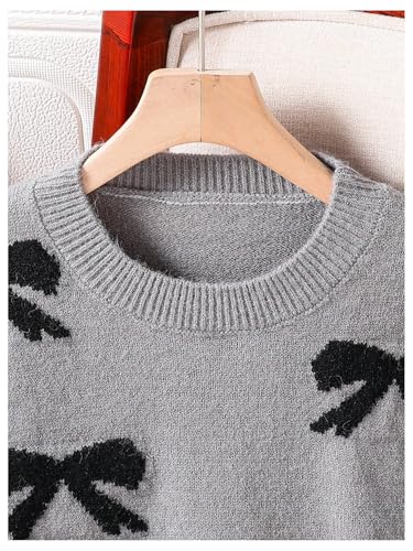 Image of BEAUDRM Girl's Cute Bow Sweater Crew Neck Long Sleeve Drop Shoulder Loose Pullover Tops