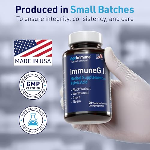 Image of AgeImmune ImmuneG.I. Wormwood Black Walnut Hull 750mg Clove Neem Fulvic Acid | Intestinal Cleanse Formula | Doctor Formulated to Support Gut Health & Detox - No Stearates, No Dioxides - 90 Capsules