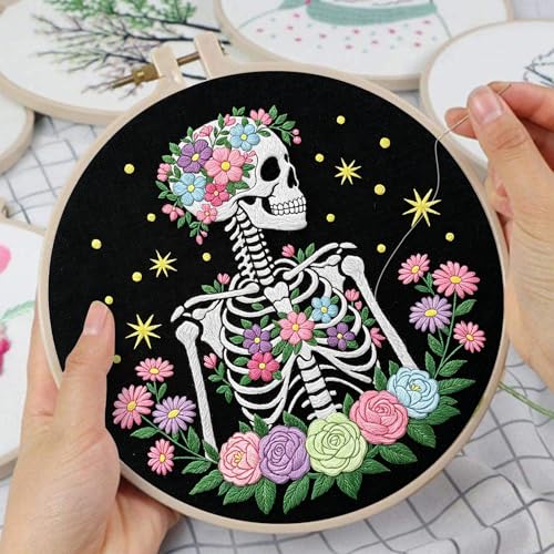Image of Louise Maelys Halloween Skeleton Floral DIY Embroidery Kit for Beginners | Needlepoint Kit Includes Hoop, Fabric, Threads, Needles and Instructions. Skeleton Floral Rose Design for Cross Stitch Kits