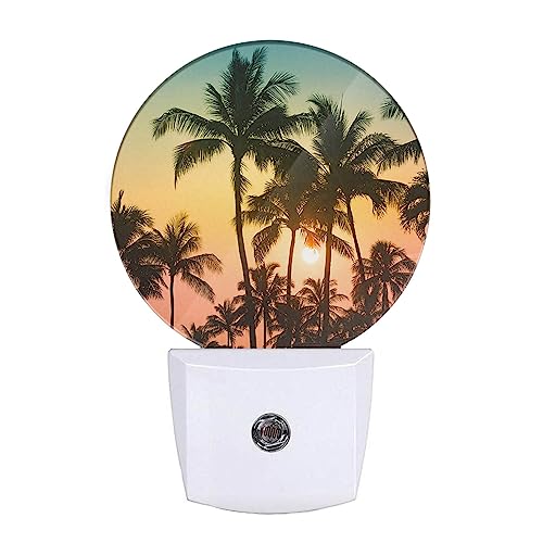 Image of EKOBLA Palm Tree Sunset Night Light, Tropical Beach Night Lights Plug Into Wall with Auto Sensor, 0.5W Sleep Friendly