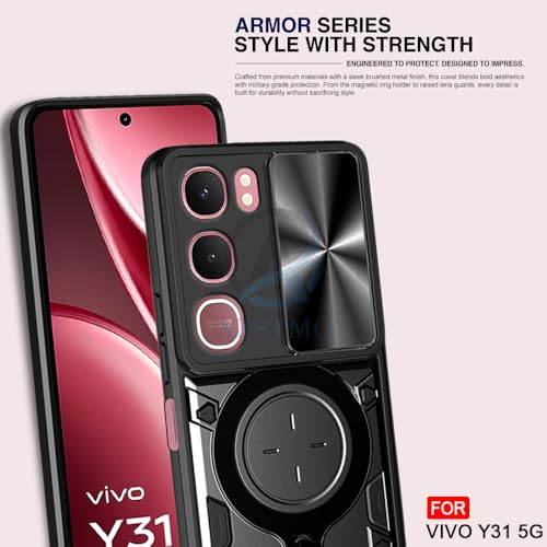 Image of AESTMO Armor Vivo Y31 5G Bumper Back Case Cover | Ring Holder & CD Pattern Sliding Camera Shutter Cover | Back Case Cover for Vivo Y31 5G (Black)