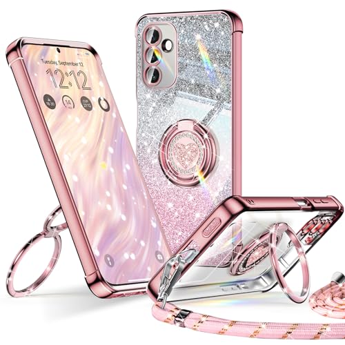XYZ Funda para Samsung Galaxy A16 5G con Doble Soporte, Diseño de Corazón de Lujo con Cordón para Mujeres y Niñas, Funda Protectora Purpurina Brillante, Rosa