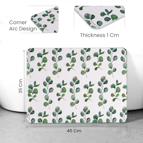 Image of Yellow Weaves Printed Stone Bath Mat, Diatomaceous Earth Shower Mat, Non-Slip Super Absorbent Quick Drying Bathroom, Kitchen Floor Mat, Easy to Clean (45x35 cm-Sandstone) Tropical Leaves, Green