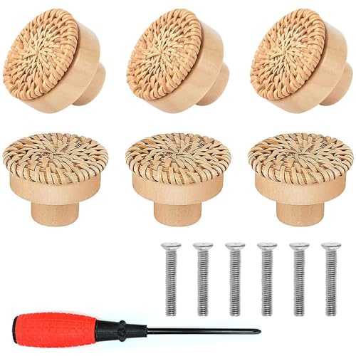 EXFU 6 Stück Möbelknöpfe holz, Rattan Möbelknöpfe, Holz Tür Schubladengriffe, Runde Holzknöpfe, Natur Schrankknöpfe Mit Schrauben,...