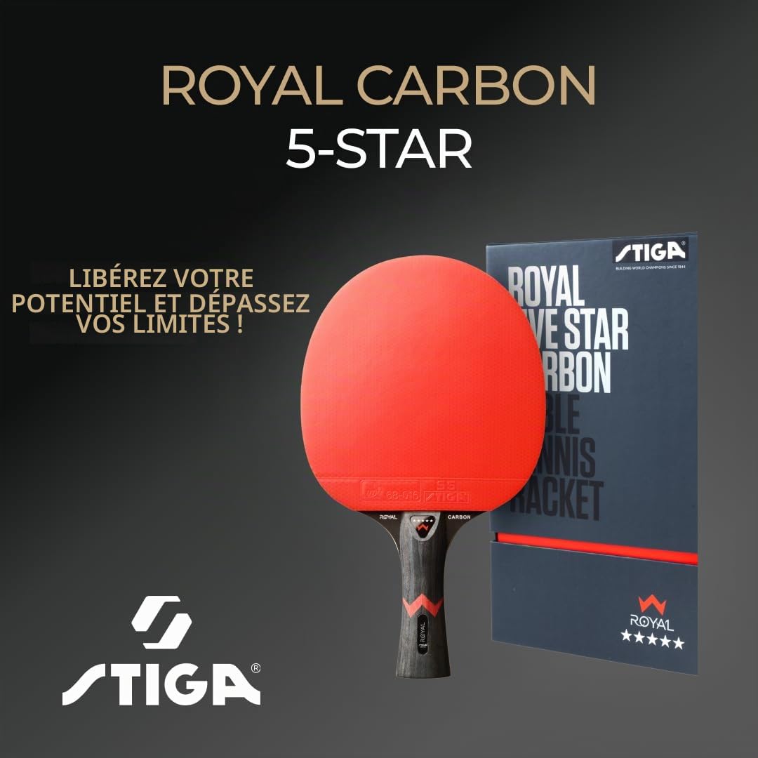 STIGA Raquette de Ping Pong Royal Carbon 5 Star - Raquette de Tennis de Table 5 Étoiles, Bois 5+2 Plis avec Fibre de Carbone, Revêtement ITTF, Technologie Touch Carbon, Manche Concave