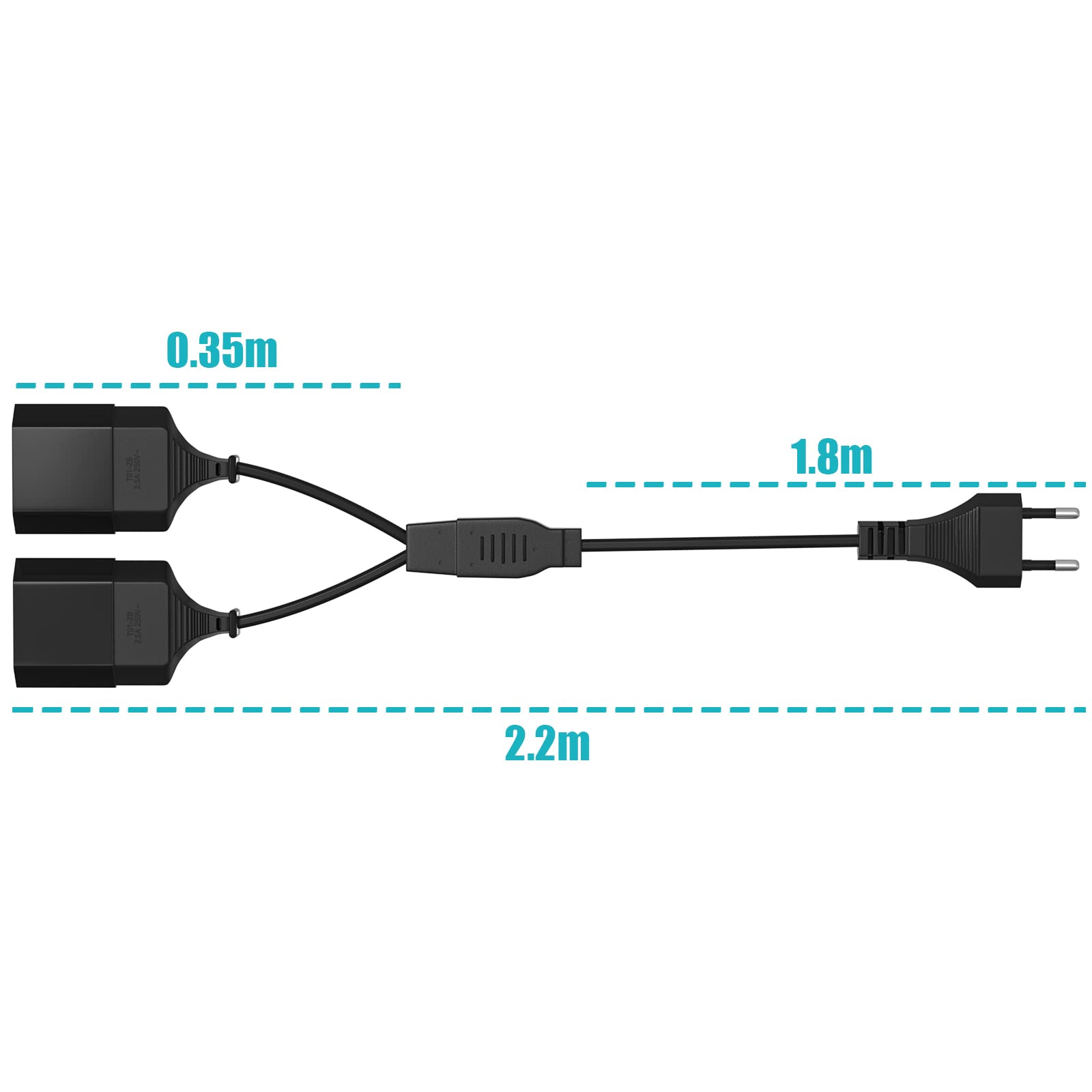 Cavo Di Alimentazione 2m 2-in-1 – Spina Euro A Doppia Presa Tipo C, 0,75mm², 2,5A/250V, Per TV, PC, Monitor, Proiettori