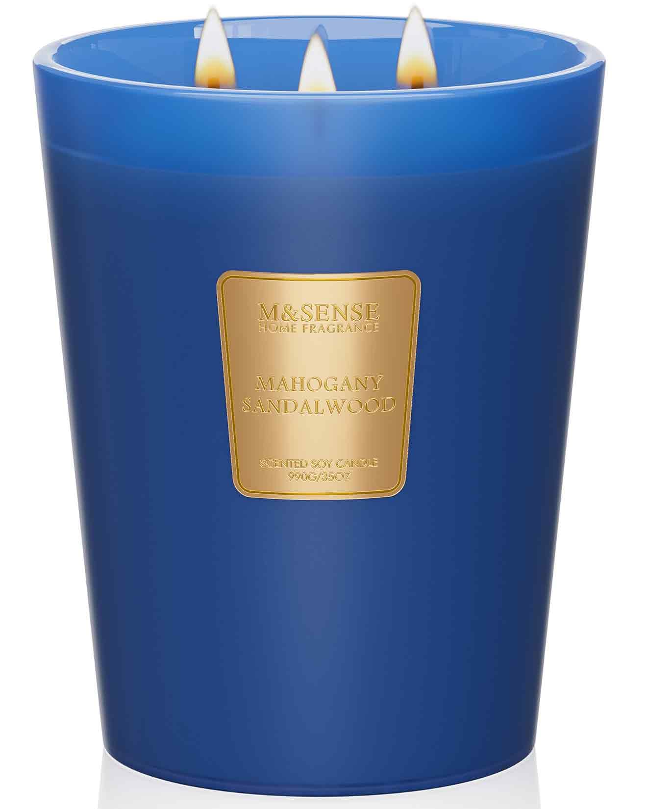M&SENSE Mahogany Sandalwood Large Soy Candles Gifts for Men Strong, 3 Wick 990g 150H Sceted Candles Gifts for Women, Luxury Glass Jar Scented Candles for Home Scented, Non Toxic Extra Large Candles