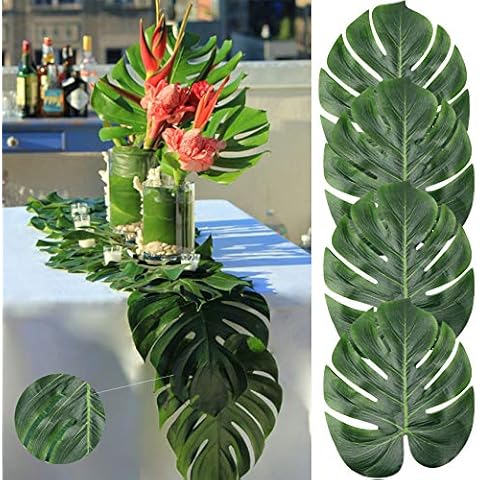 AerWo 14" Artificial Tropical Palm Leaves, Safari Birthday Decorations Extra Large Faux Leaf Jungle Hawaiian Party Decorations with Luau Beach Theme Decorations for Table Decoration Accessories, 48pcs Cover