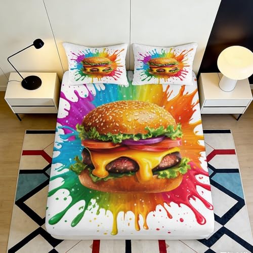 Drap Housse Microfibre 3D Imprimé Motif Burger Poche Profonde pour Lit Chambre Burger Protège Matelas Extensible Lavable Antidérapant 90x200x25cm