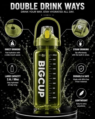 Image of Ryaco Delzon 2.6 Liter Water Bottle with Silicone Pipe, BPA-Free Leakproof Large Reusable Bottle for Office, Gym, Travel, Sports, Men & Women (Mehndi Green, 2.6)