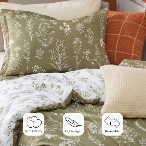 Image of Bedsure Olive Green Twin /Twin XL Comforter Set - Reversible Floral Bed Set, Soft Lightweight Bedding for Bedroom, 1 Soft Botanical Flowers Comforter and 2 Pillow Shams