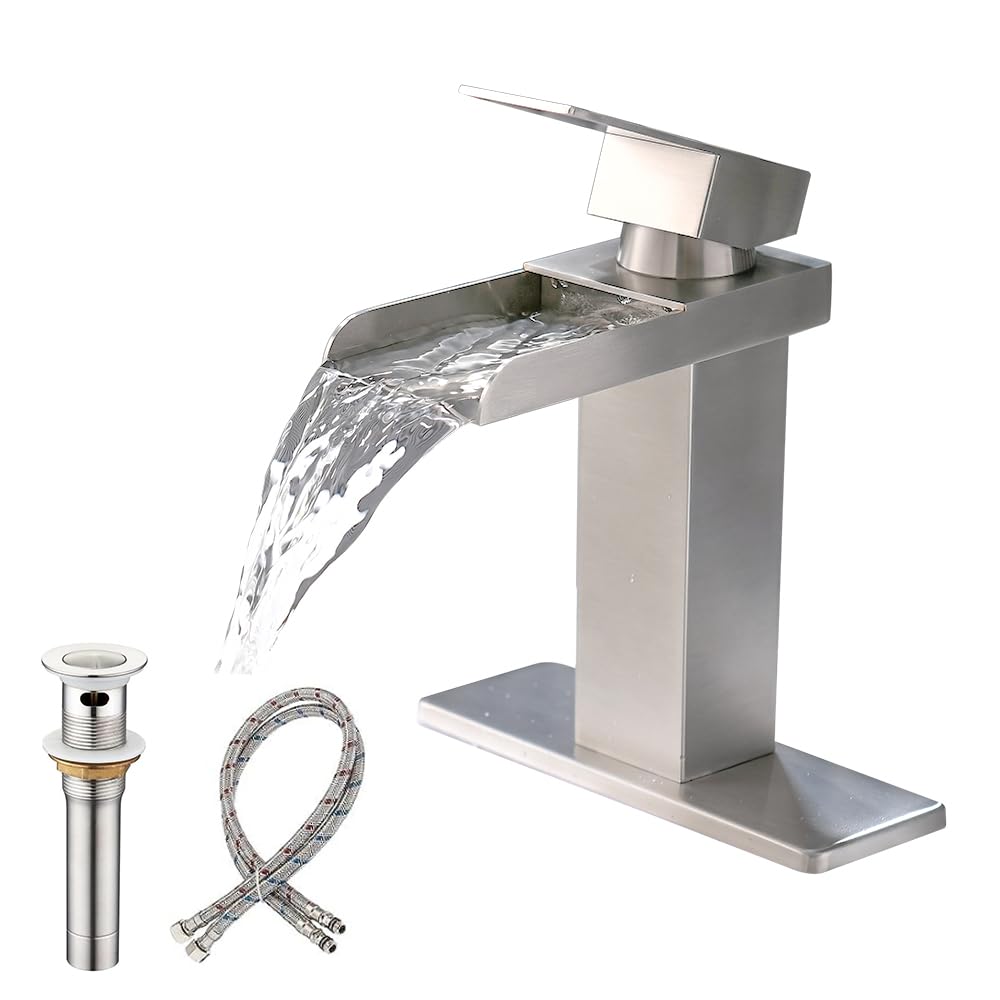 Bathroom Sink Faucet Single Hole Bathroom Faucet Brushed Nickel Waterfall Bathroom Sink Faucet with Pop Up Drain and