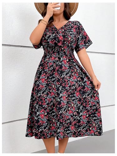 Image of Floerns Women's Plus Size Boho Hawaiian Tropical Dresses V Neck Short Sleeve Floral A Line Long Dress Vacation Beach Outfits