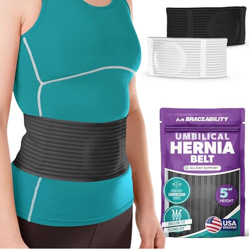 Image of BraceAbility Umbilical Hernia Belt - Abdominal Binder Truss with Compression Pad for Belly Button, Navel, Ventral, Epigastric, Hiatal Hernia Relief, Support Brace for Men or Women (L /XL 5 inch Black)