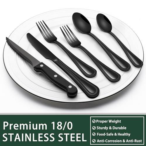 Image of EWFEN 24-Piece Black Silverware Set with Steak Knives, Black Flatware Set for 4, Food-Grade Stainless Steel Tableware Cutlery Set, Mirror Finished Utensil Sets for Home Restaurant, Pearled Edge