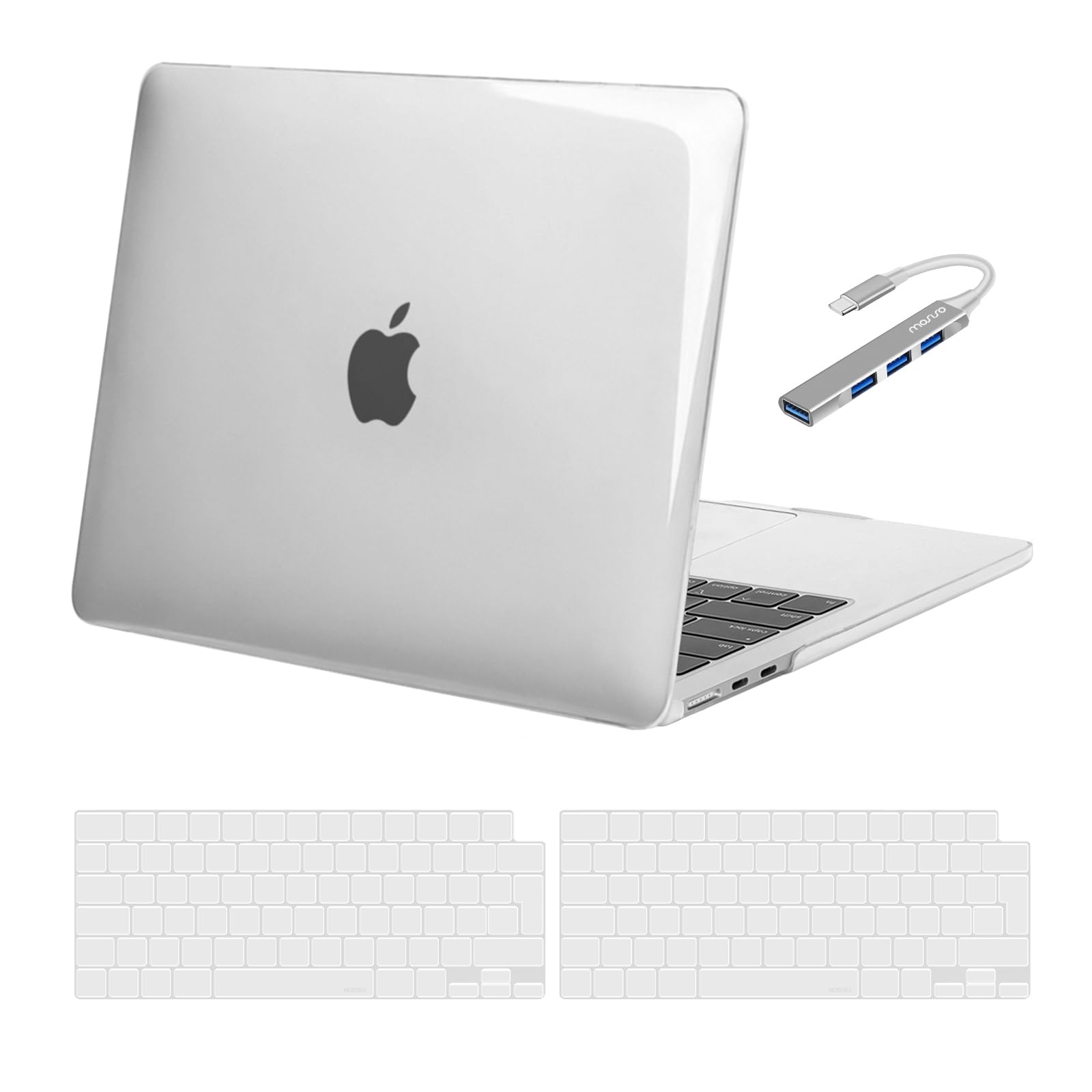 MOSISO Custodia Compatibile con MacBook Air 13 Cover M5 M4 M3 M2 2026-2022 | Copritastiera Spagnola e Hub USB a 4 Porte Rigida Case per MacBook Air 13,6 pollici A3449 A2681 2025 2024, Cristallino